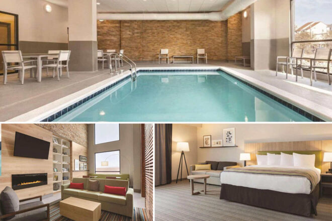 Indoor pool with seating area, cozy lounge with fireplace and chairs, and a bedroom with a king-sized bed and modern decor.