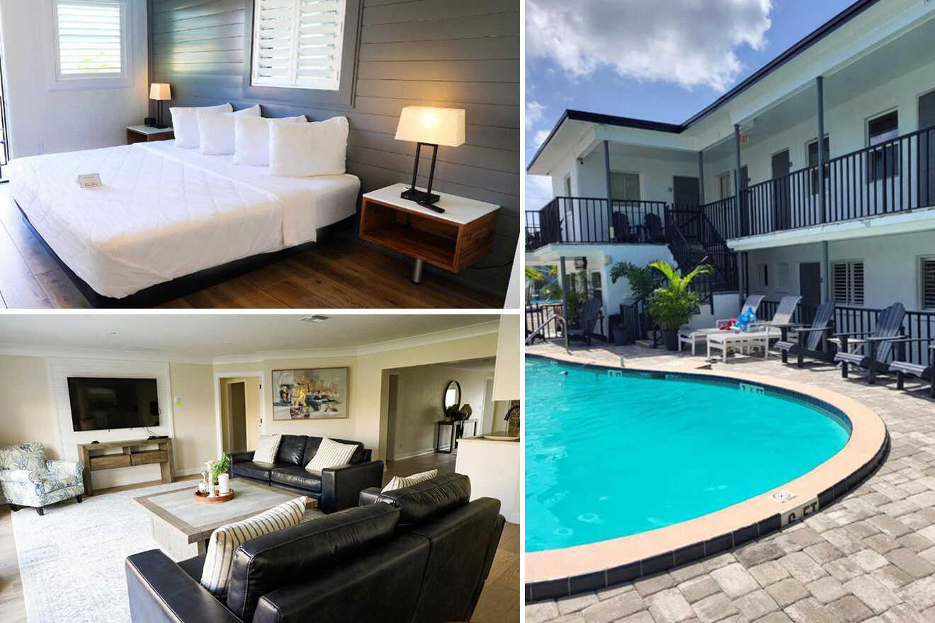 A collage featuring a hotel room with a bed, a living area with sofas and a TV, and an outdoor pool next to a two-story building.