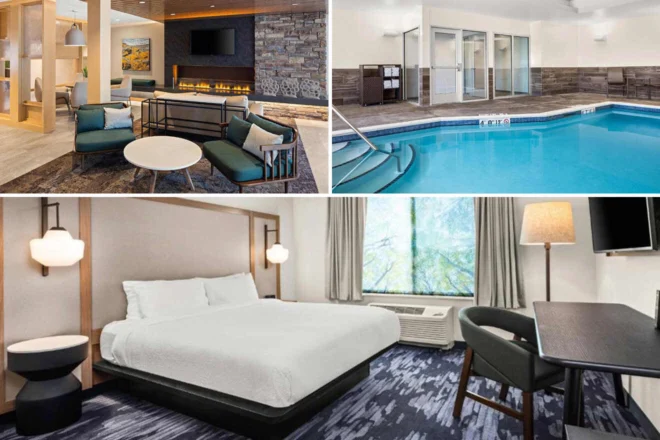 Collage of a hotel lobby with a fireplace, an indoor swimming pool, and a modern hotel room with a king-size bed and desk area.