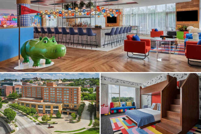 Modern colorful lounge with a large green hippo statue, a view of a hotel exterior from above, and a vibrant hotel room with bunk beds and a colorful rug.