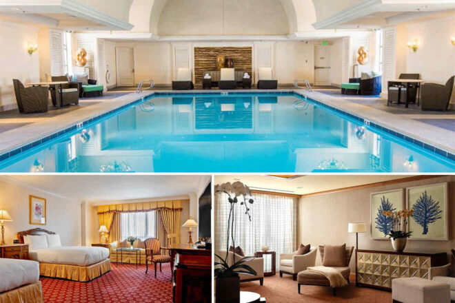 Indoor pool alongside a luxurious bedroom and living area with elegant furnishings and decor.