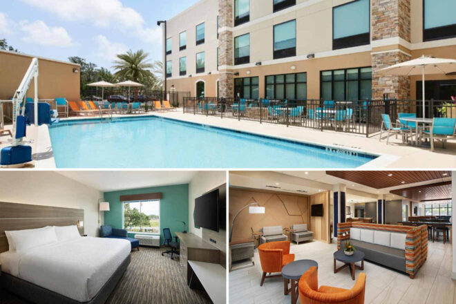 Collage of a hotel with an outdoor pool, a modern room with a bed, and a lobby with seating areas.