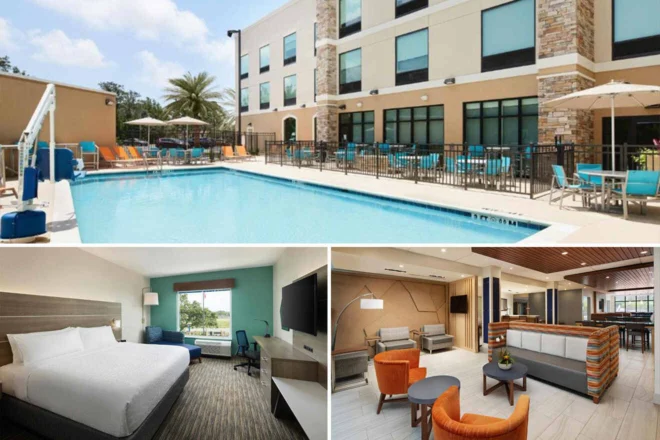 Collage of a hotel with an outdoor pool, a modern room with a bed, and a lobby with seating areas.