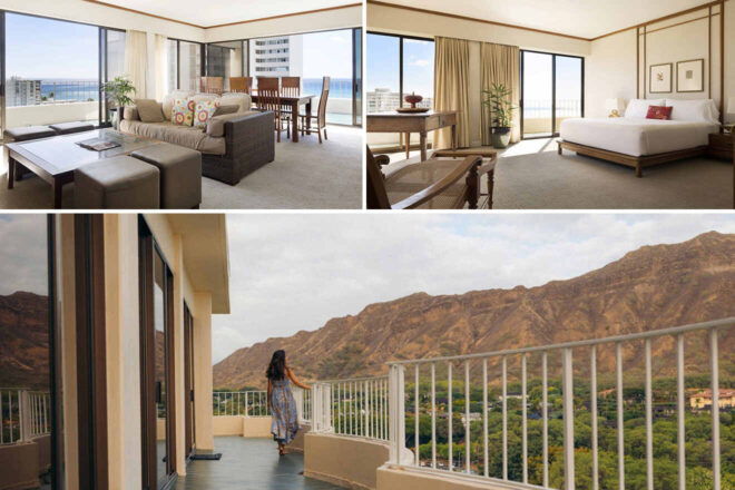 A modern hotel suite with a living area, dining table, and bedroom. It has large windows offering views of the ocean and mountains. A balcony with a person overlooks the mountain landscape.