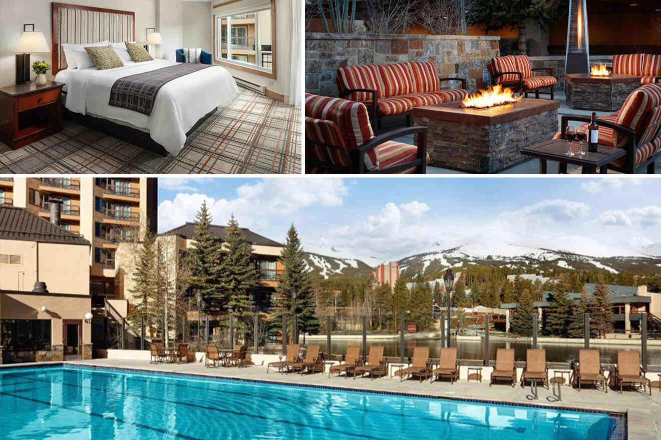 Collage of a hotel room, outdoor fire pit with seating, and a swimming pool with lounge chairs at a resort.