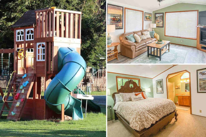 Composite image showing a wooden playground set with slide outside, a cozy living room with couch and window, and a bedroom with a large bed and adjacent bathroom.