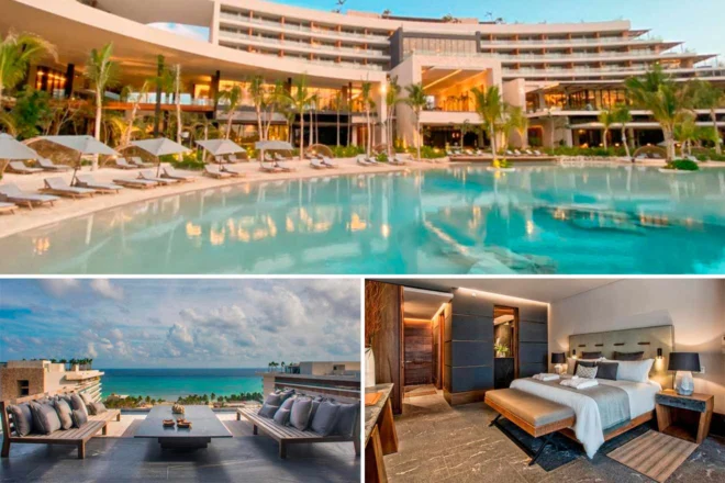 Luxurious resort with a large pool, palm trees, and modern architecture. Below: ocean-view terrace seating and a hotel room with contemporary decor.