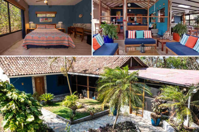 Collage of a blue-themed vacation home featuring a bedroom, a living room with colorful seating, and an exterior view with a garden and palm trees.