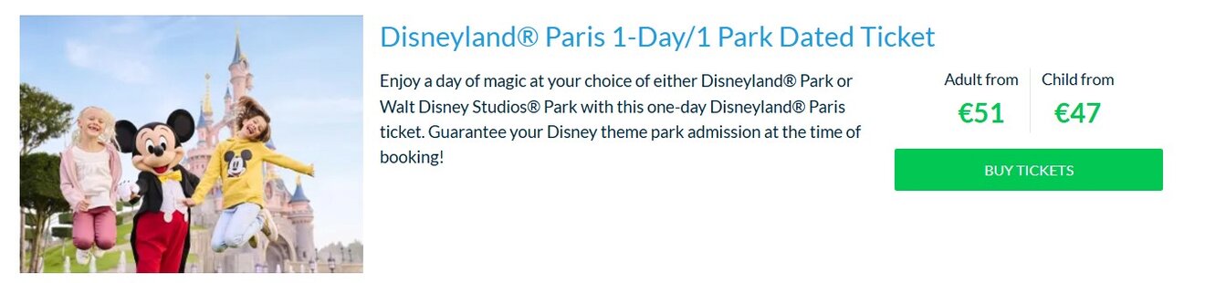 Ad for Disneyland Paris 1-day ticket with prices starting at €51 for adults and €47 for children, featuring characters Mickey Mouse and others outside a castle.