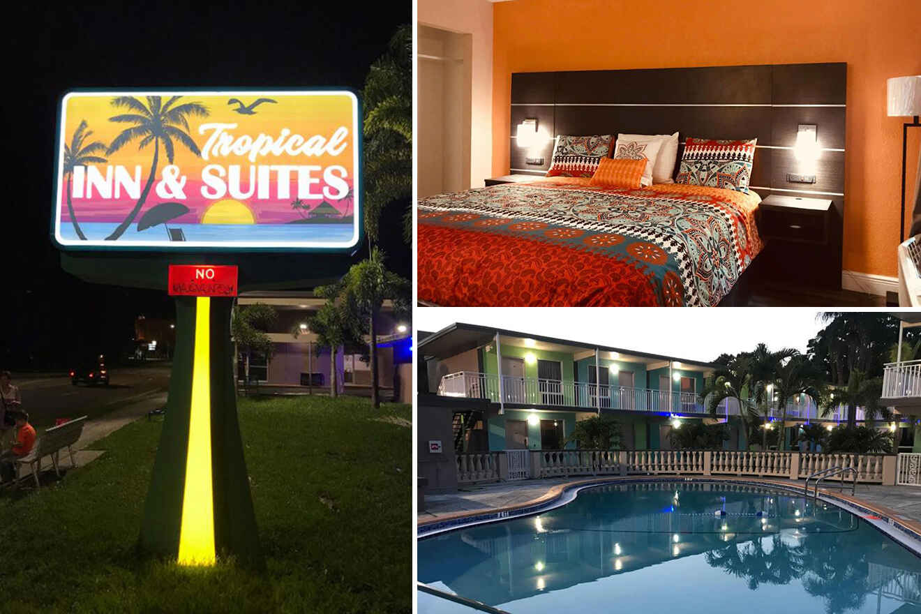 Collage of a hotel featuring a neon sign reading "Tropical Inn & Suites," a vibrant hotel room with an orange and teal color scheme, and an evening view of the pool and exterior rooms.