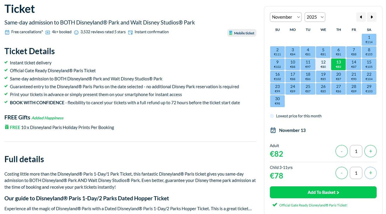 Screenshot of ticket booking page for Disneyland® Paris. It shows options and prices for a 1-Day/2 Parks Hopper Ticket, with a calendar to select the date, and pricing details for adults and children.