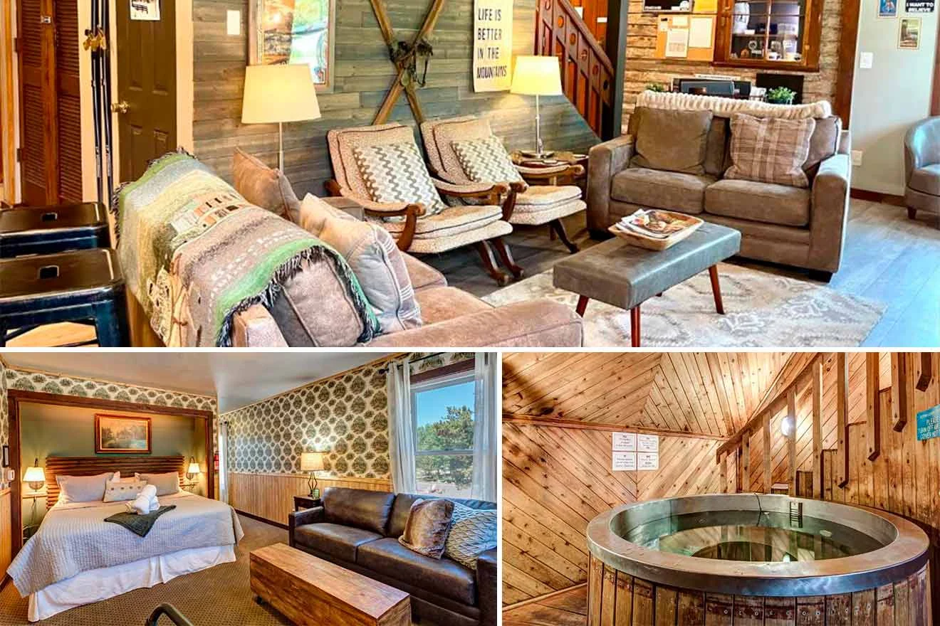 A cozy lodge interior with a living room, a bedroom, and a wooden hot tub. The living room has sofas and lamps, the bedroom features a bed with patterned wallpaper, and the hot tub is in a rustic setting.