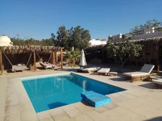 A small rectangular swimming pool with clear blue water is surrounded by lounge chairs and umbrellas. The area is shaded by trees and thatched structures under a clear sky.