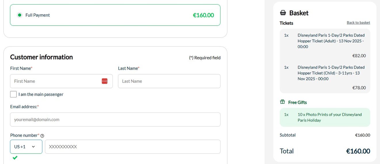 Ticket booking form showing customer details section on the left and basket summary with price, discount, and free gift on the right, totaling €160.00.