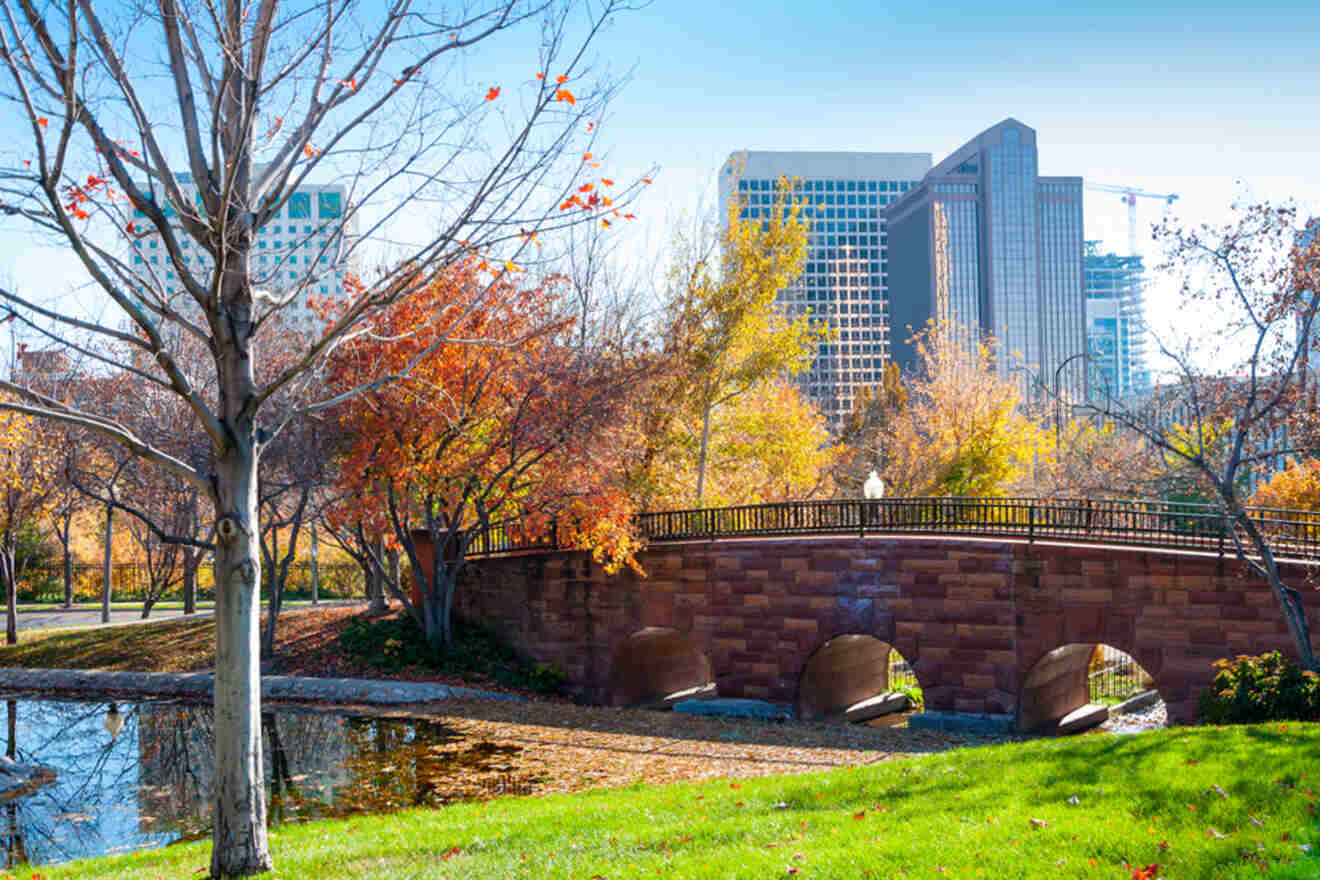 A stone bridge spans a small creek surrounded by autumn trees in a city park. Skyscrapers are visible in the background under a clear blue sky.