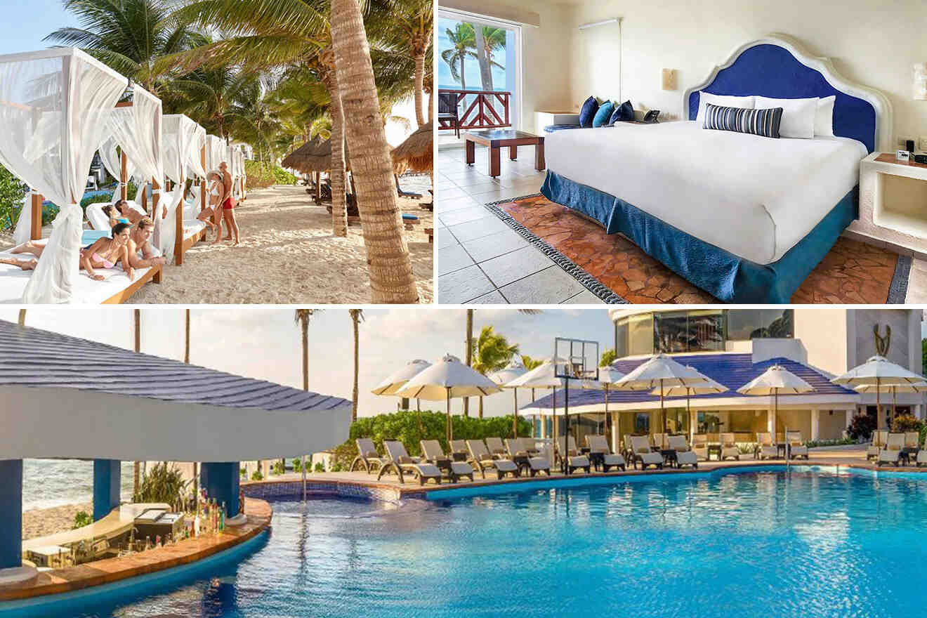 Beach cabanas, a hotel room with a large bed, and a pool with sun loungers and a swim-up bar.