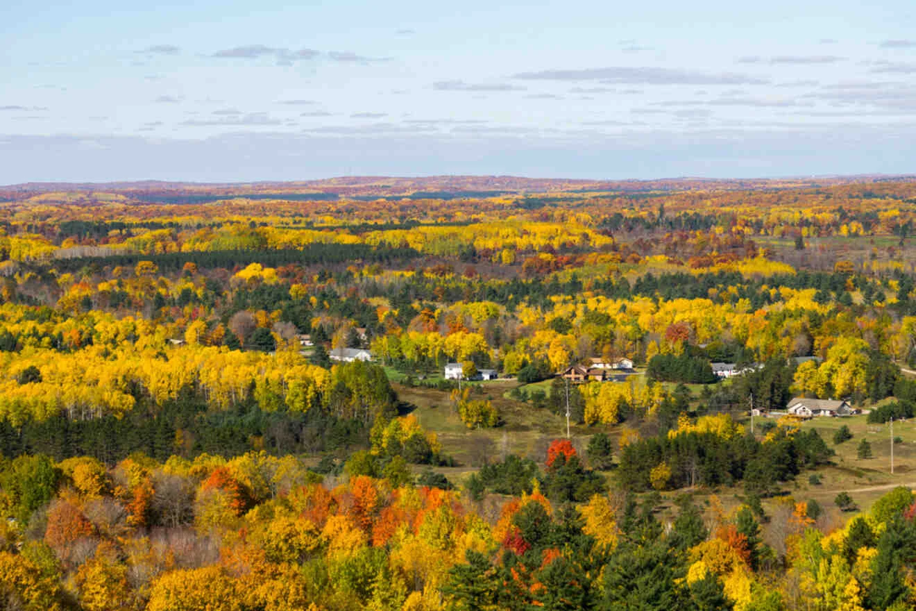 Aerial view of a rural landscape in autumn, with a mix of green, yellow, and orange trees surrounding scattered houses under a cloudy sky.