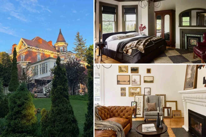 A Victorian-style house with a turret; interior views include a bedroom with a bed and fireplace, and a cozy living room with a brown sofa, framed art, and a fireplace.
