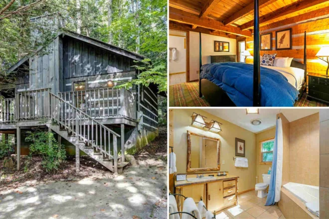 A rustic wooden cabin exterior, a cozy bedroom with a blue comforter and wooden walls, and a bathroom with a large mirror, sink, and bathtub.