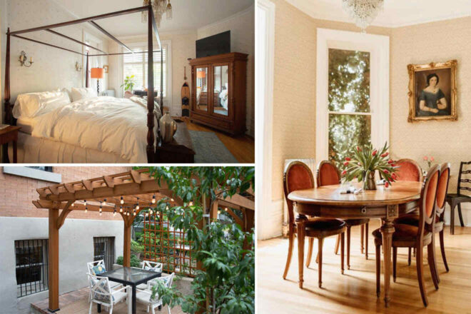 Collage of a bedroom with canopy bed, dining room with round table and portrait, and outdoor patio with pergola and string lights.