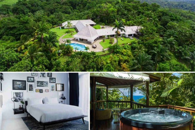 Aerial view of a large house with a pool in a lush forest setting, alongside interior images showing a bedroom with art on the walls and a deck with a hot tub.