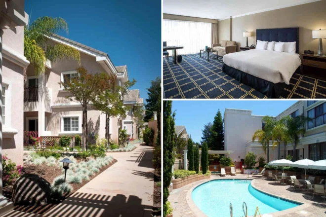 Collage of a hotel exterior, a well-furnished room, and a pool area with lounge chairs under umbrellas.