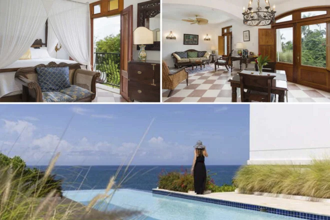 A bedroom with canopy bed, a living area with elegant furniture, and a woman standing by an infinity pool overlooking the ocean.