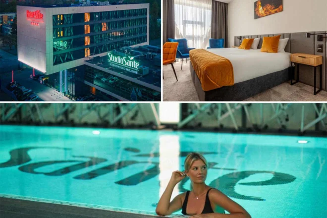 Collage of a modern hotel exterior, a hotel room with a large bed and orange accents, and a poolside view of a woman in a pool with "Sante" visible underwater.