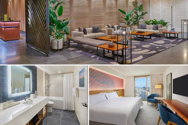 Hotel interior collage: a modern lobby with sofas and plants, a clean bathroom with a large mirror, and a cozy bedroom featuring a king-size bed and city view.