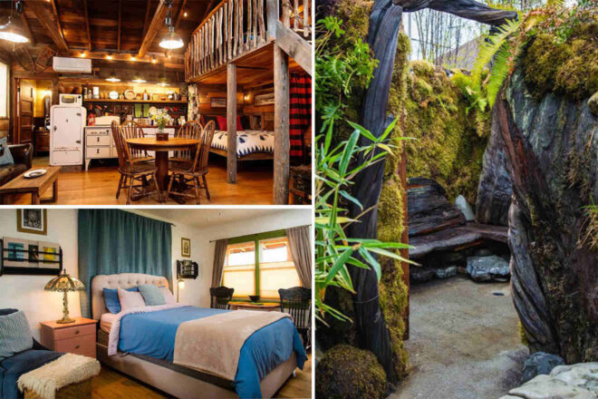 Collage of three cozy interiors: a rustic cabin with wooden beams, a modern bedroom with a blue bed, and an outdoor woodland hot tub with moss-covered surroundings.