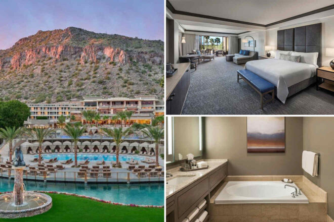 Collage of a resort featuring a mountain view, a luxury bedroom with a large bed, and a bathroom with a bathtub.