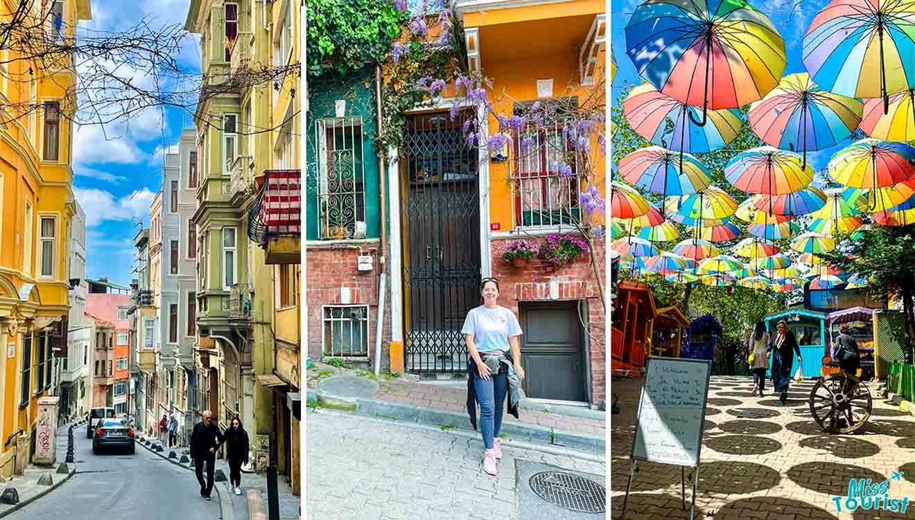 A colorful street, author of the post standing by a building with greenery, and a canopy of vibrant umbrellas overhead.