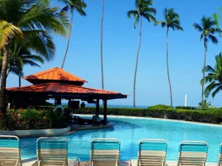 Poolside view with metal lounge chairs, a poolside bar under a red roof, and tall palm trees against a clear blue sky.