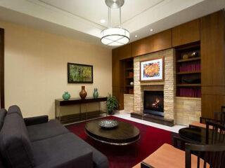 Modern living room with a dark sofa, oval coffee table, and a fireplace surrounded by wooden shelves. Red rug and decorative vases add color to the space. A painting hangs above the fireplace.