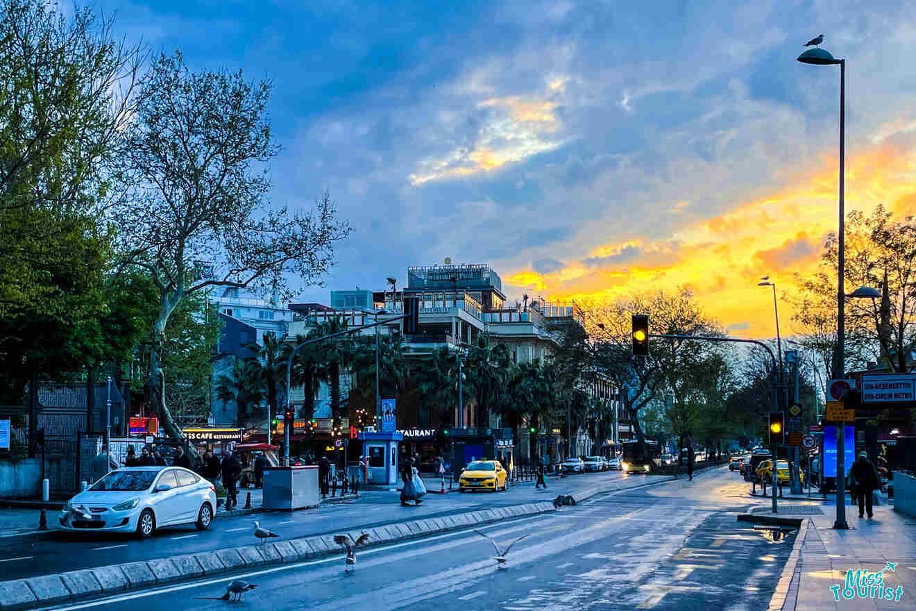 A city street at dusk with cars, pedestrians, and birds. The sky shows a mix of clouds and a golden sunset.