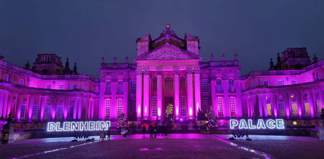 Exterior of Blenheim Palace illuminated in purple lights at night, with trees decorated for the holidays and 