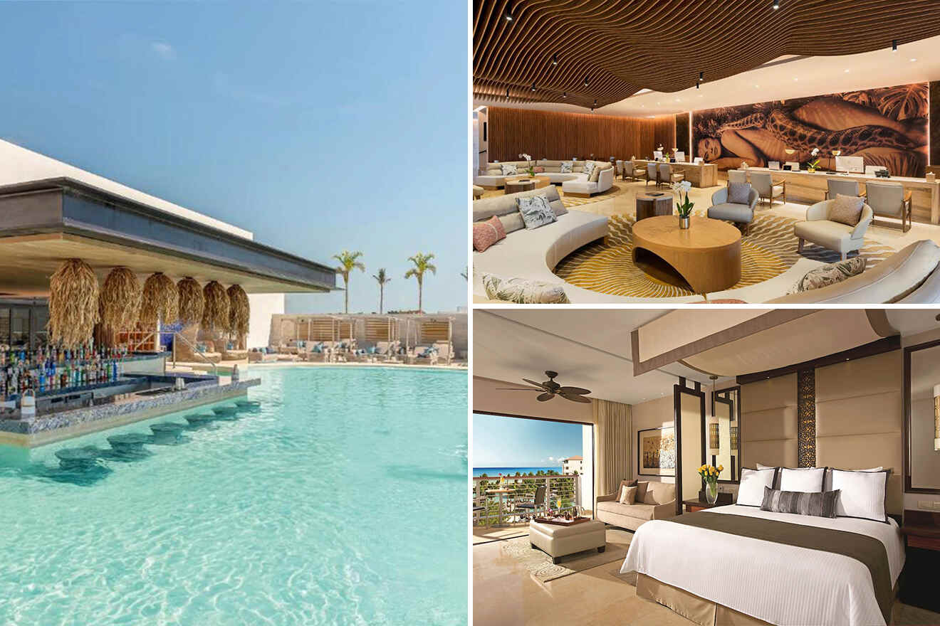 Collage of a luxury resort features a poolside bar, a modern lounge area, and an elegant bedroom with a view.