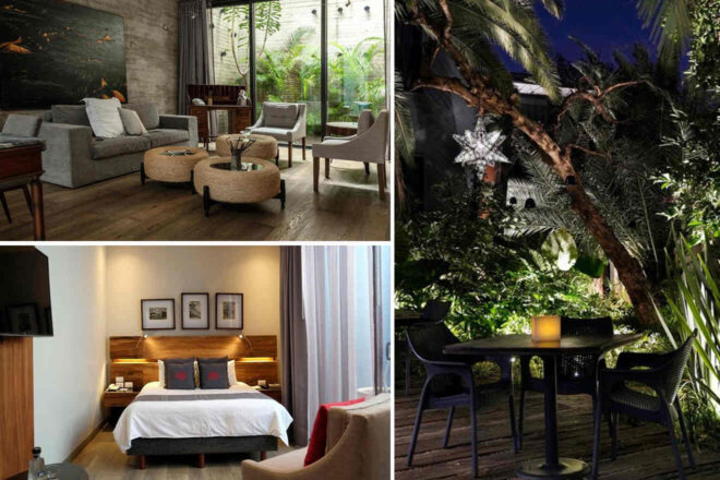 Collage of three images showing an indoor living area with seating, a bedroom with a bed and chairs, and an outdoor patio with a table and chairs surrounded by greenery.