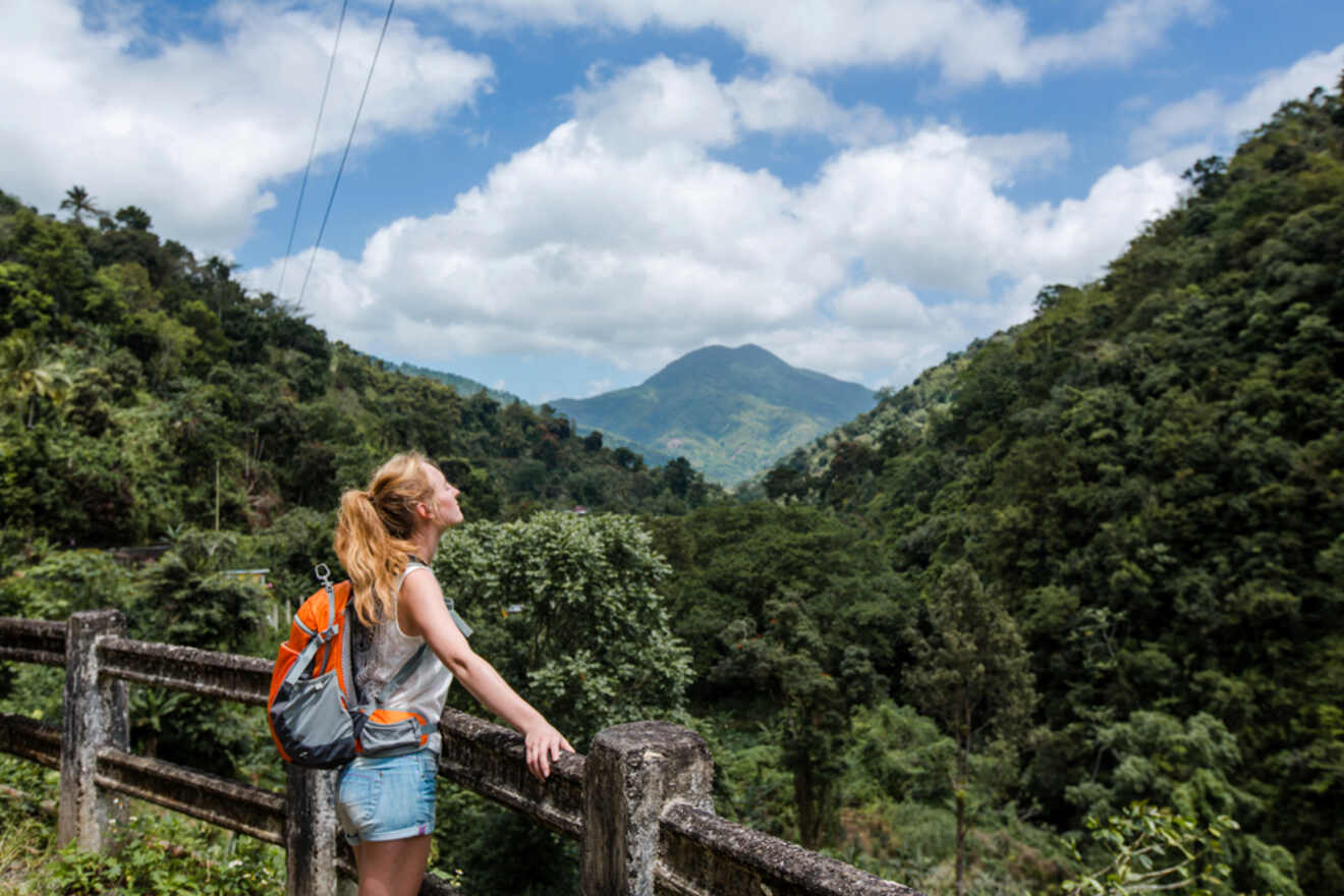 A person with a backpack stands by a railing, looking at lush green mountains under a blue sky with clouds.