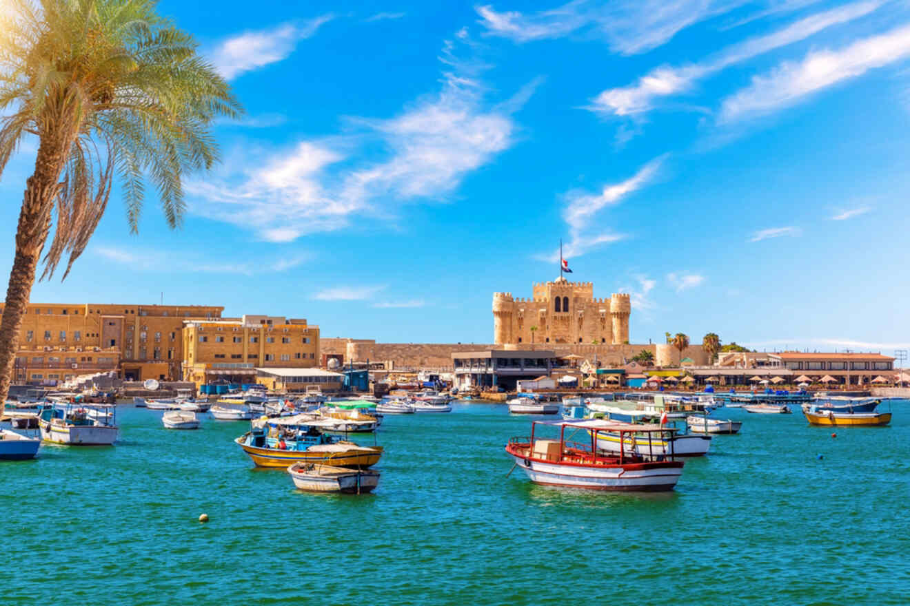 Boats are anchored in a blue harbor with a historic fortress and palm tree in the background under a clear sky.