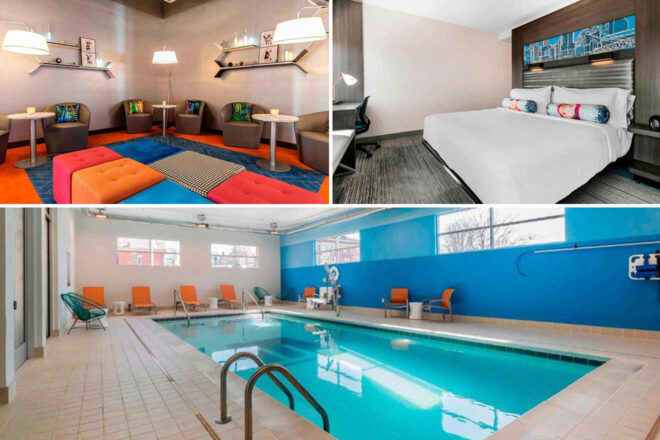 Hotel amenities collage featuring a colorful lounge with seating, a modern bedroom with a large bed, and an indoor swimming pool with deck chairs.