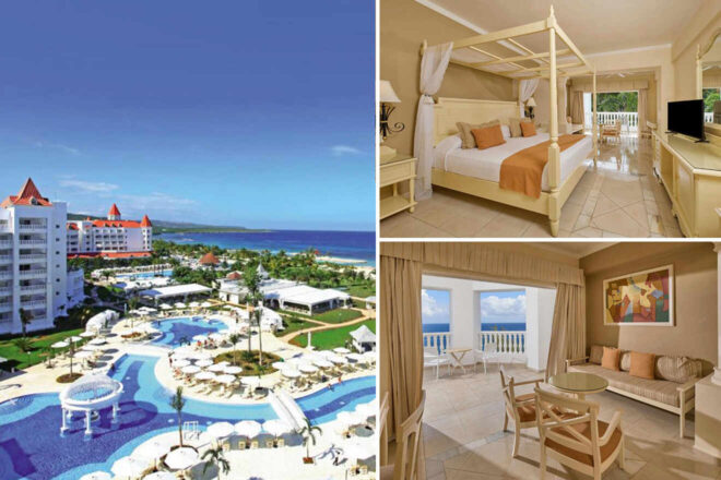 Resort collage: aerial view of a luxury resort with pools and beach; interior shot of a hotel room with a canopy bed; seating area with a sofa and ocean view balcony.