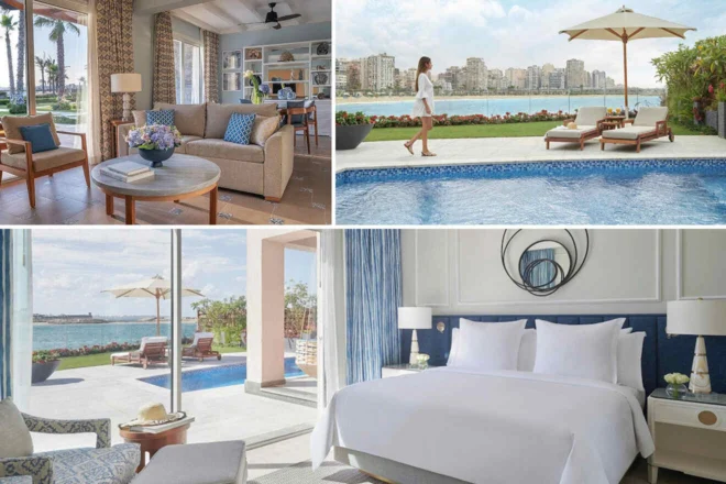 Collage of a luxury hotel suite with a living area, bedroom, and view of a poolside patio with loungers, umbrella, and cityscape in the background.