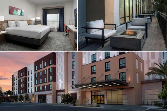 Collage of a modern hotel room with a bed and desk, a patio with seating and a fire pit, and the exterior of a multi-story hotel building at dusk.