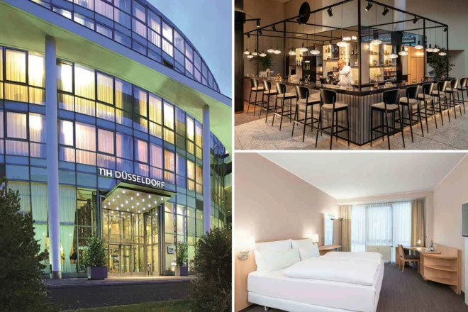 Collage of NH Düsseldorf hotel features: exterior view with glass facade, a modern bar area, and a spacious guest room with twin beds.