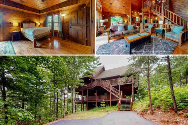 Log cabin interior with a cozy bedroom and living area, featuring wood paneling and rustic furnishings. Exterior view shows a multi-level cabin surrounded by trees.