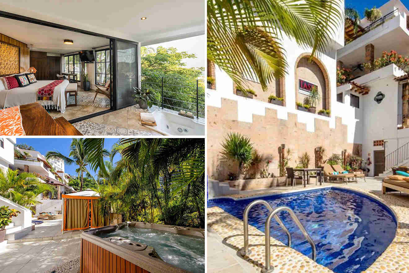 A collage of a modern tropical resort features a spacious bedroom with balcony, lush garden paths, a round pool with sun loungers, and an outdoor hot tub.