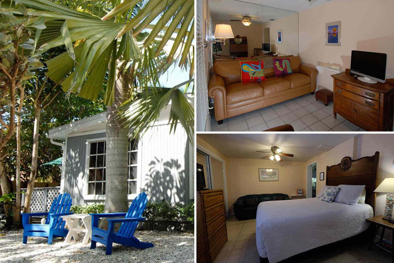 Collage: Exterior of a small house with palm trees and blue Adirondack chairs; living room with a brown sofa and TV; bedroom with a bed, nightstand, and wooden dresser.