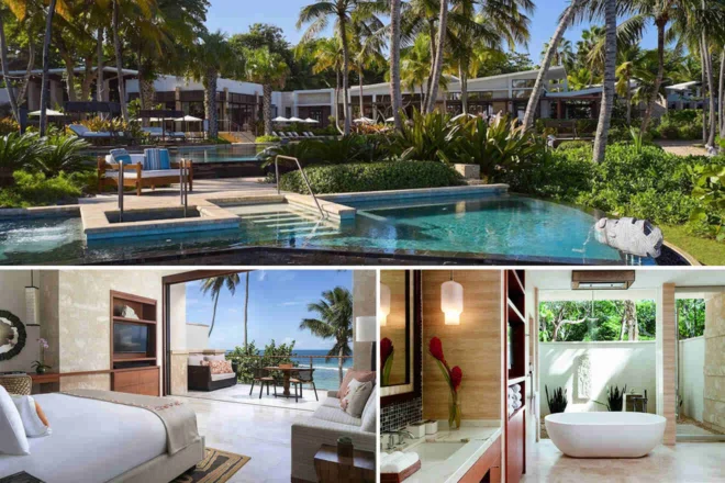 Luxury tropical resort collage: pool area with palm trees, a modern hotel room opening to a patio with ocean view, a stylish bathroom with a white tub and greenery outside.