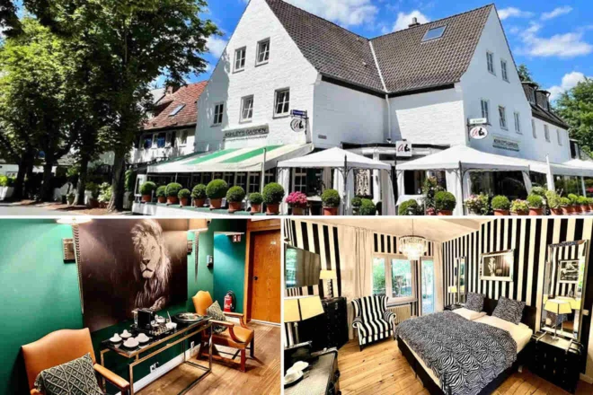 A white, multi-story building with green awnings houses a restaurant with outdoor seating. Below, a room features striped walls, a bed, and seating area in eclectic decor.